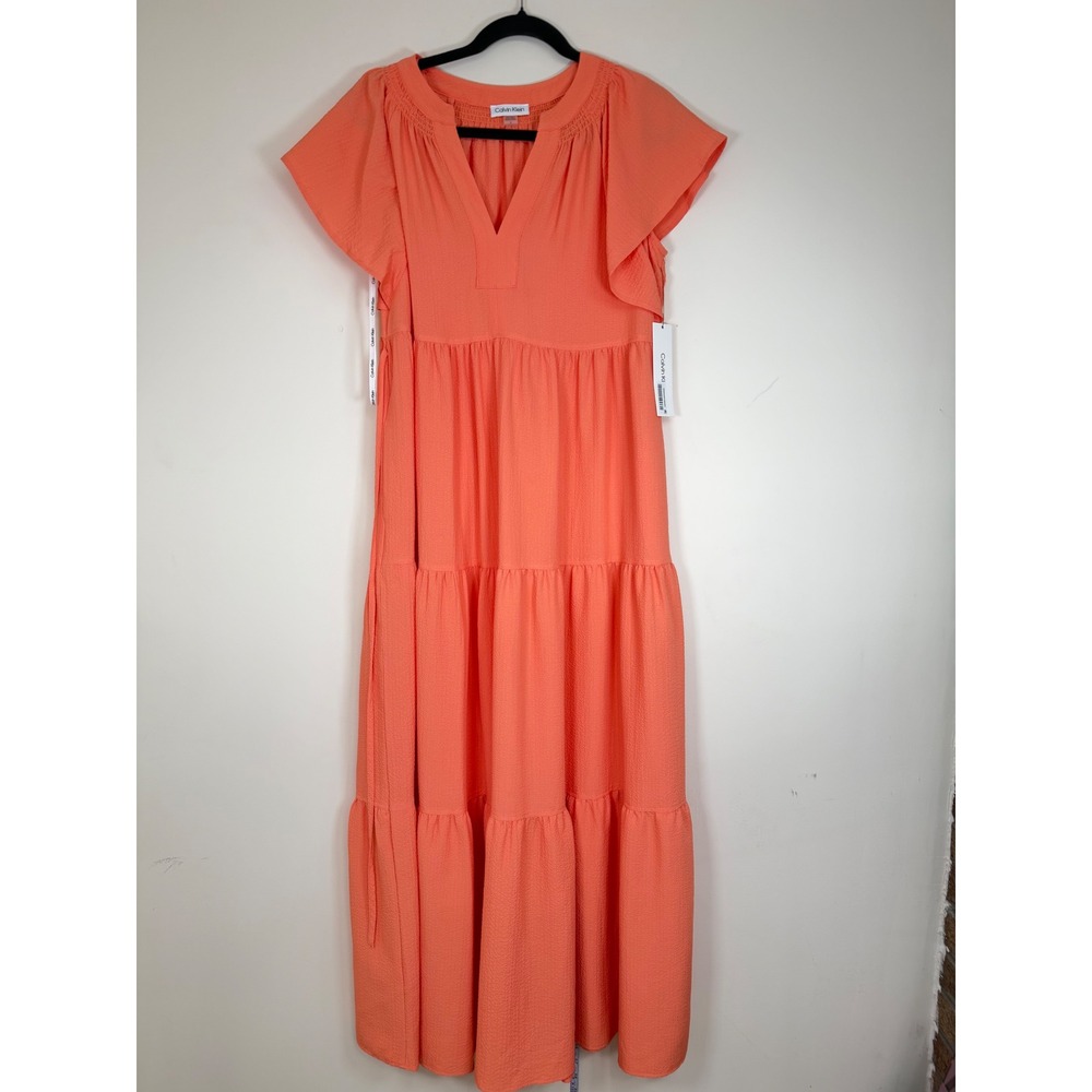 Calvin Klein Tiered Maxi Dress Women 6 NWT Coral Orange Short Sleeve Pockets